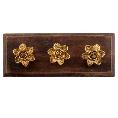 Golden Rose Flower Metal Wooden Hooks